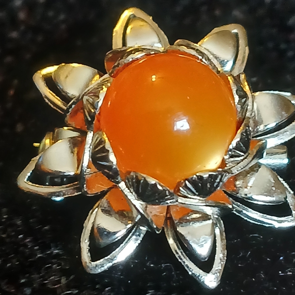 Vintage Silvertone and Orange Catseye Floral Brooch